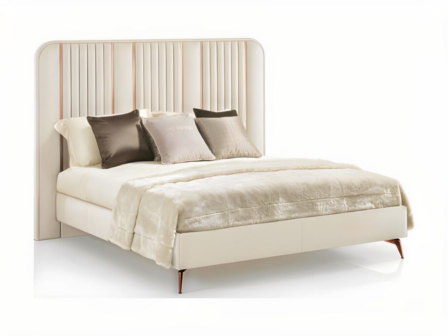 Hollywood bed | DV home. Exquisite bed with an upholstered headboard and elegant metal inserts, creating an atmosphere of luxury and comfort in the bedroom.
