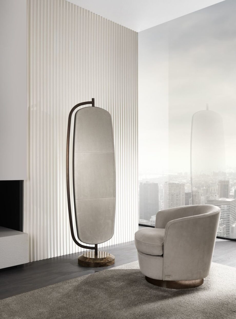 Bent mirror | DV home. Swivel floor mirror with a luxurious marble base and antique bronze metal frame.