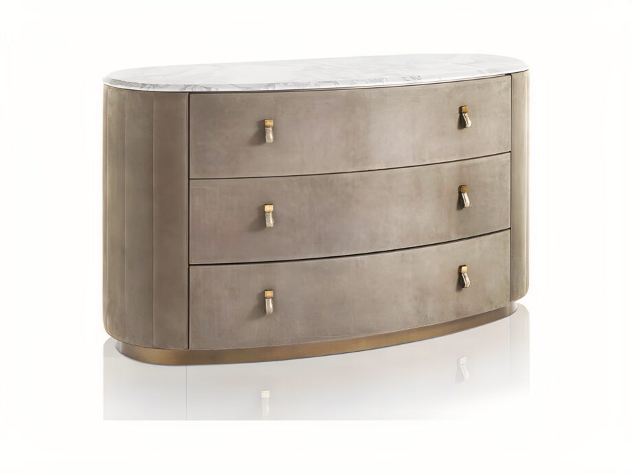 Vogue chest of drawers | DV home. An exquisite Art Deco inspired chest of drawers, featuring a striking curved design, luxurious materials, and soft-close drawers.