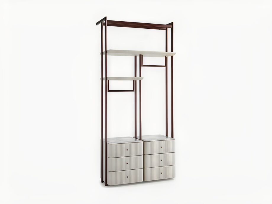 Hollywood closet | DV home. A luxurious walk-in closet with a metal frame, leather elements, and a marble top, embodying sophistication and functionality.