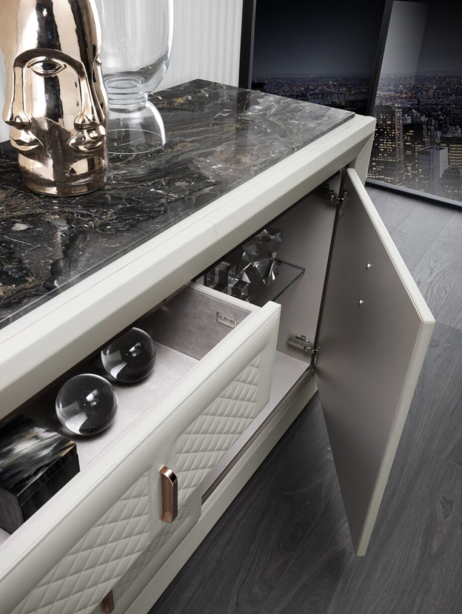 Adler Square display cabinet | DV home. Elegant buffet with marble top, quilted fronts, and metal inserts.