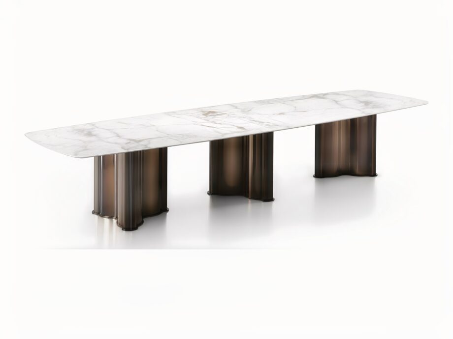 Manhattan table | DV home. Luxurious Art Deco table with polished stainless steel base, leather columns, and customizable marble or lacquered wood top.