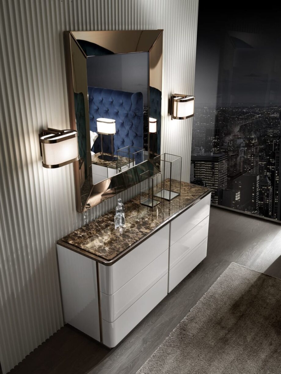 Elite chest of drawers | DV home. Elegant chest of drawers with leather fronts, marble top, and high-quality hardware.