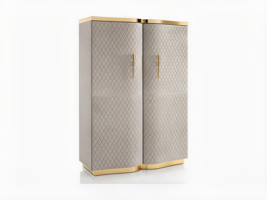Form bar cabinet | DV home. Luxurious Art Deco cabinet with integrated lighting, mirrored interior, and convenient internal drawers.