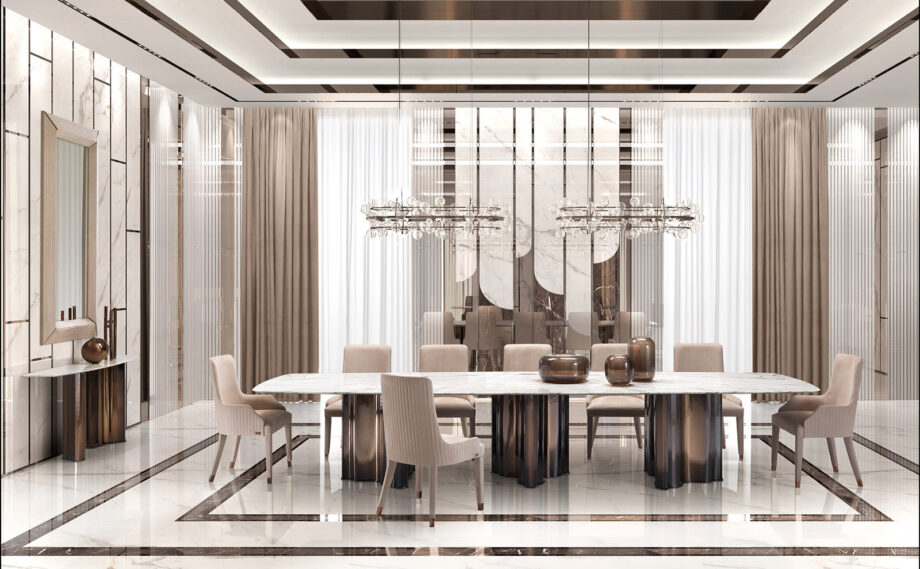 Manhattan table | DV home. Luxurious Art Deco table with polished stainless steel base, leather columns, and customizable marble or lacquered wood top.