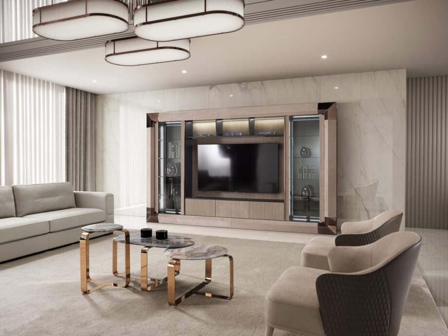Manhattan display cabinet | DV home. Luxurious Italian TV unit blending Art Deco and contemporary style with Macassar Ebony veneer, leather, tempered glass, and integrated LED lighting.