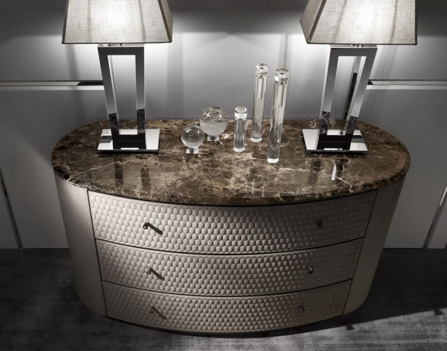 Vogue chest of drawers | DV home. An exquisite Art Deco inspired chest of drawers, featuring a striking curved design, luxurious materials, and soft-close drawers.