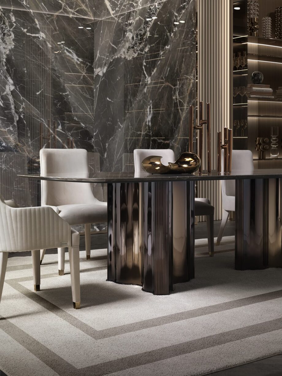 Manhattan table | DV home. Luxurious Art Deco table with polished stainless steel base, leather columns, and customizable marble or lacquered wood top.