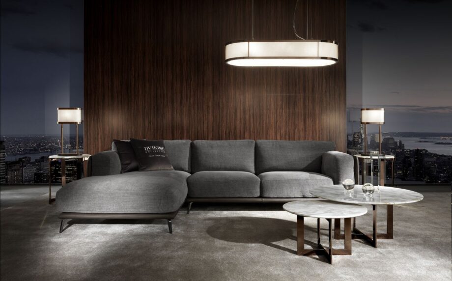 Gordon Plaza chandelier | DV home. Exquisite Gordon Plaza chandelier with metal frame and beige fabric shade, perfect for luxurious interiors.