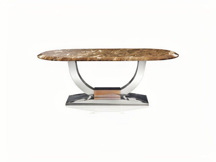 Hermes Plaza coffee table | DV home. Luxurious Art Deco coffee table featuring a marble or wood top and a curved metal base.