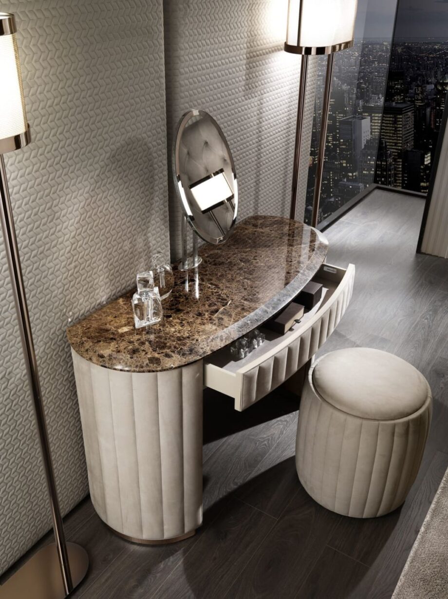 Vogue dressing table | DV home. Luxurious Art Deco console with leather upholstery, marble top, and Blumotion drawers.