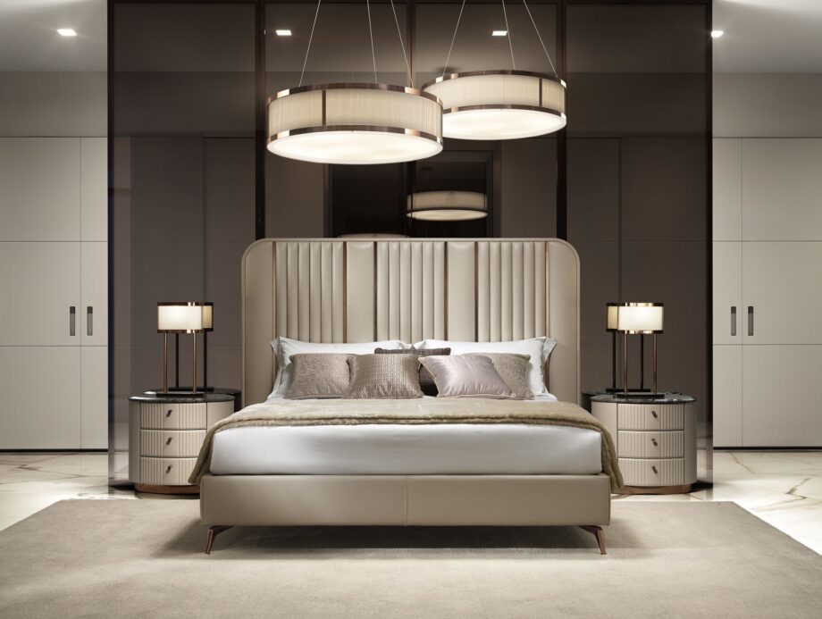 Hollywood bed | DV home. Exquisite bed with an upholstered headboard and elegant metal inserts, creating an atmosphere of luxury and comfort in the bedroom.