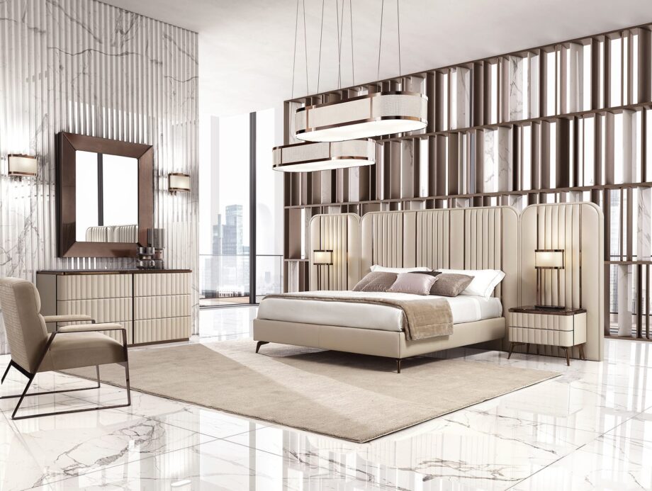 Hollywood bedside table | DV home. Luxurious Art Deco night table with upholstered body, marble or wood top, stainless steel accents, and microfiber-lined soft-close drawers.