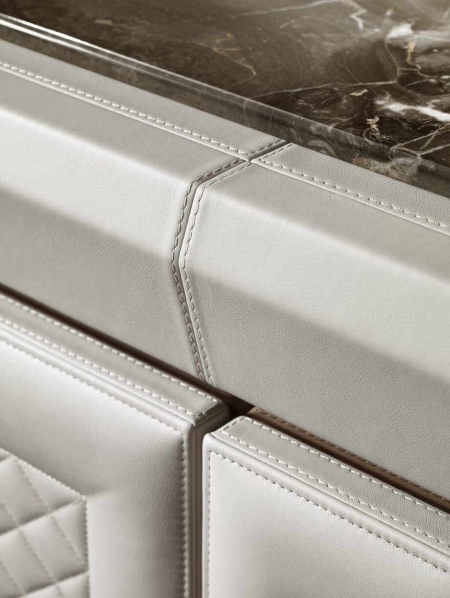 Adler Square display cabinet | DV home. Elegant buffet with marble top, quilted fronts, and metal inserts.