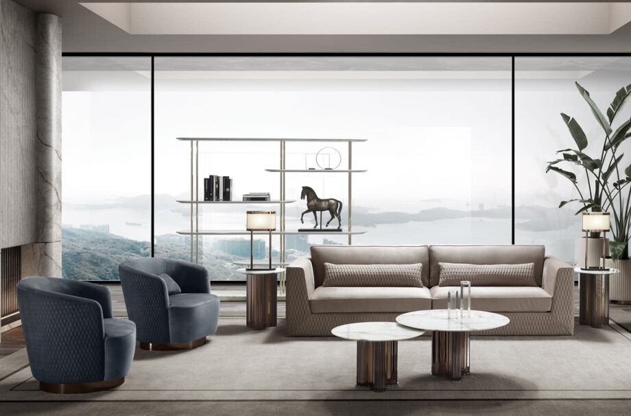 Manhattan coffee table | DV home. Elegant coffee table featuring a marble top and a distinctive leather and stainless steel base.