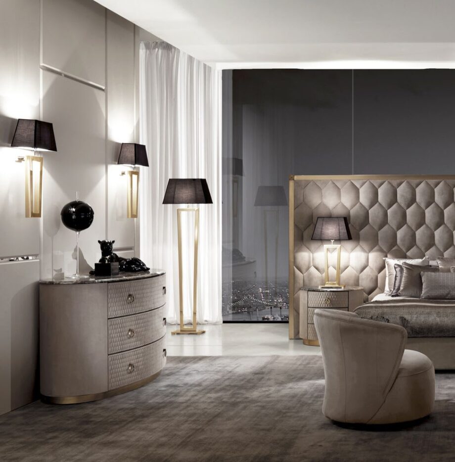 Ritz floor lamp | DV home. An exquisite Art Deco floor lamp with a sleek metal structure and elegant fabric shade, perfect for luxurious interiors.