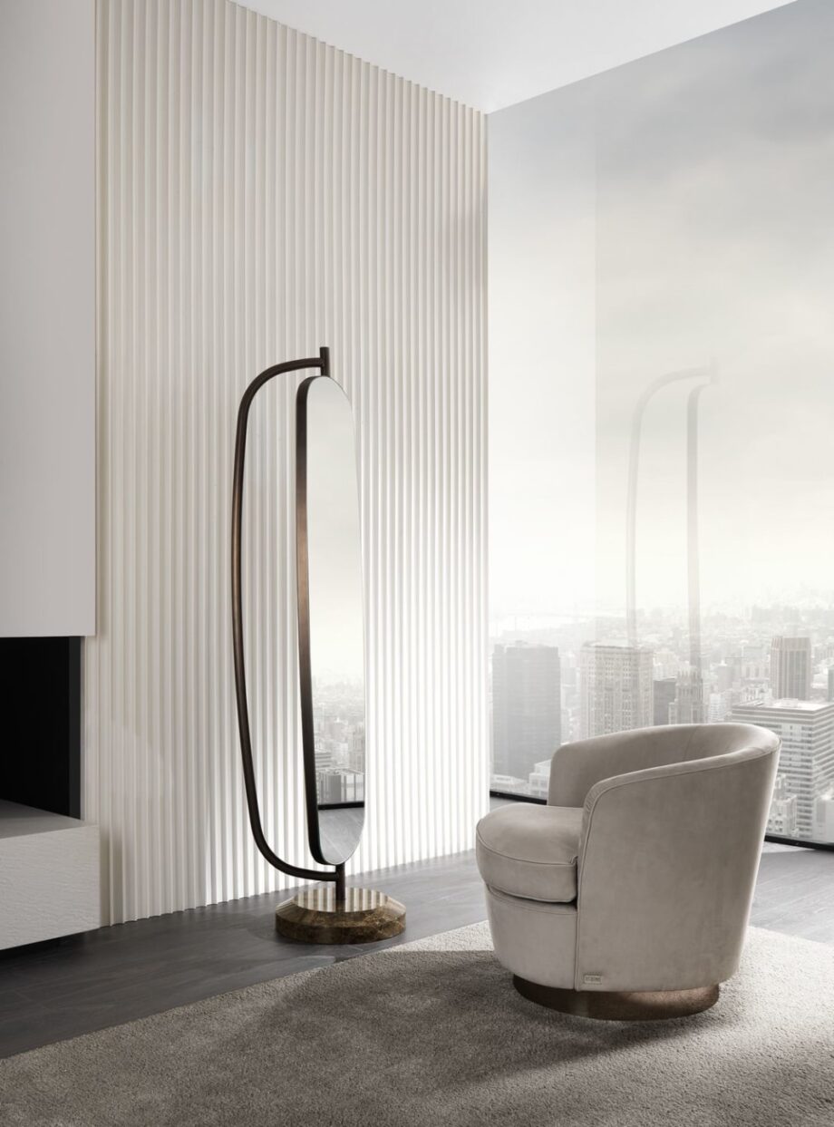 Bent mirror | DV home. Swivel floor mirror with a luxurious marble base and antique bronze metal frame.