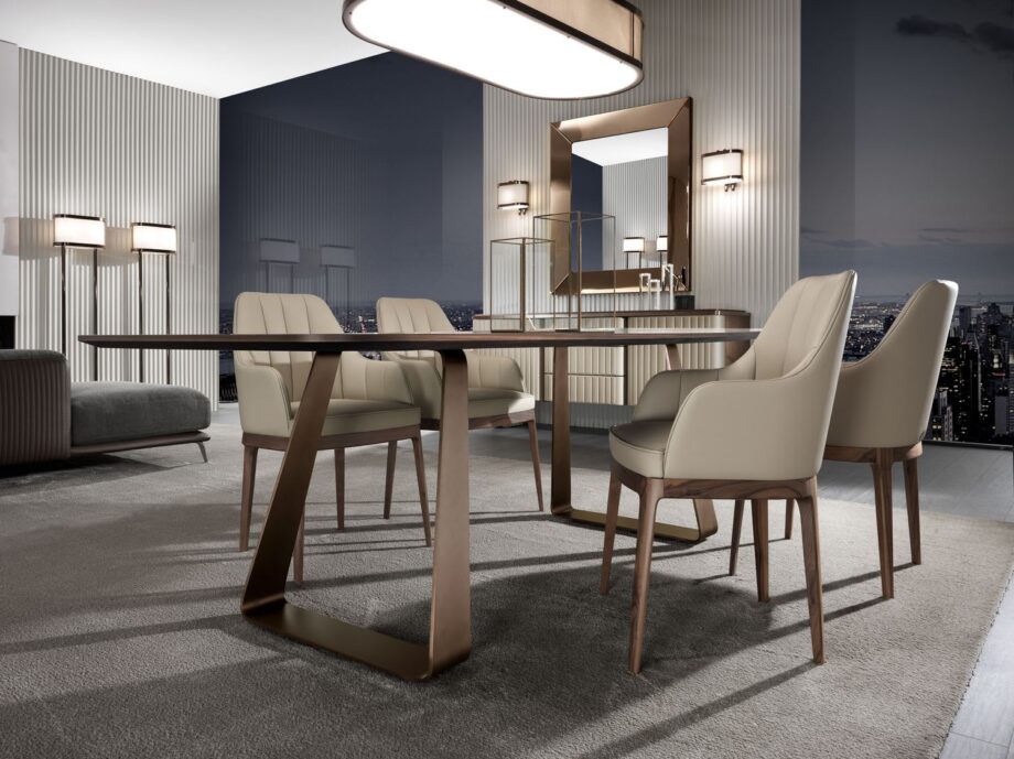 Elite table | DV home. Exquisite dining table with a metal base and wood or marble top, crafted in Art Deco style.