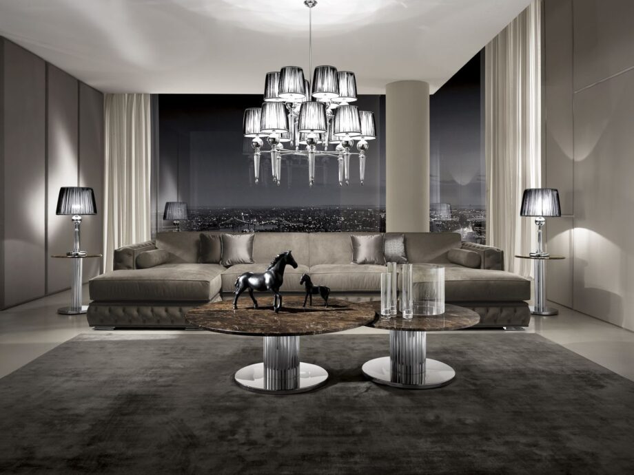 Douglas coffee table | DV home. An Art Deco lamp and coffee table from Italy, featuring a metal base and customizable marble, wood, lacquered, or leather tops.
