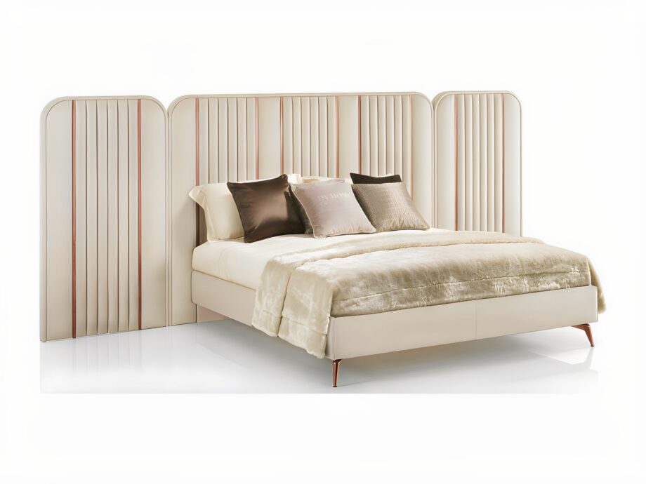Hollywood Maxi bed | DV home. An opulent Italian luxury bed featuring a striking high upholstered headboard with elegant vertical inserts, perfect for sophisticated bedrooms.