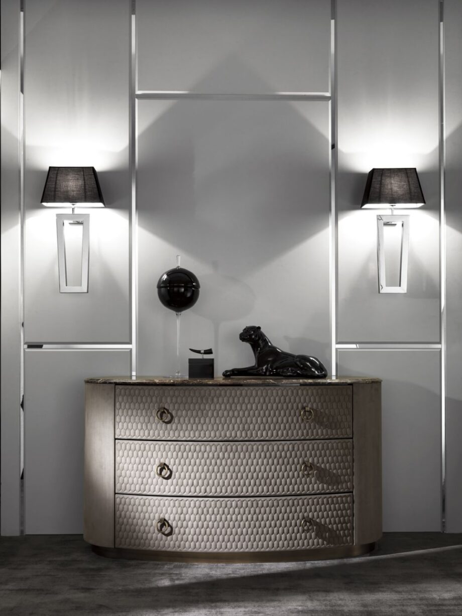 Charlotte chest of drawers | DV home. Luxurious chest of drawers featuring unique hexagon-patterned fronts, premium leather or wood veneer, and elegant marble top options.