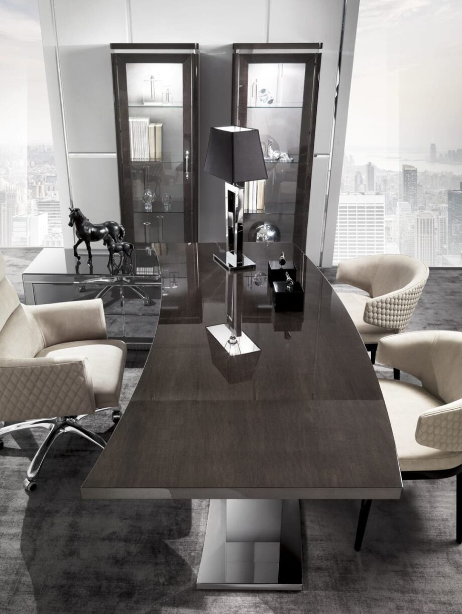 Windsor writing desk | DV home. Elegant writing desk featuring a geometric stainless steel base and luxurious finishes.