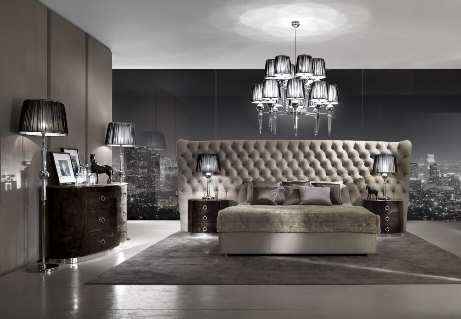 Douglas floor lamp | DV home. An exquisite Art Deco floor lamp with polished brass and chrome accents, featuring a luxurious fabric shade, perfect for sophisticated interiors.