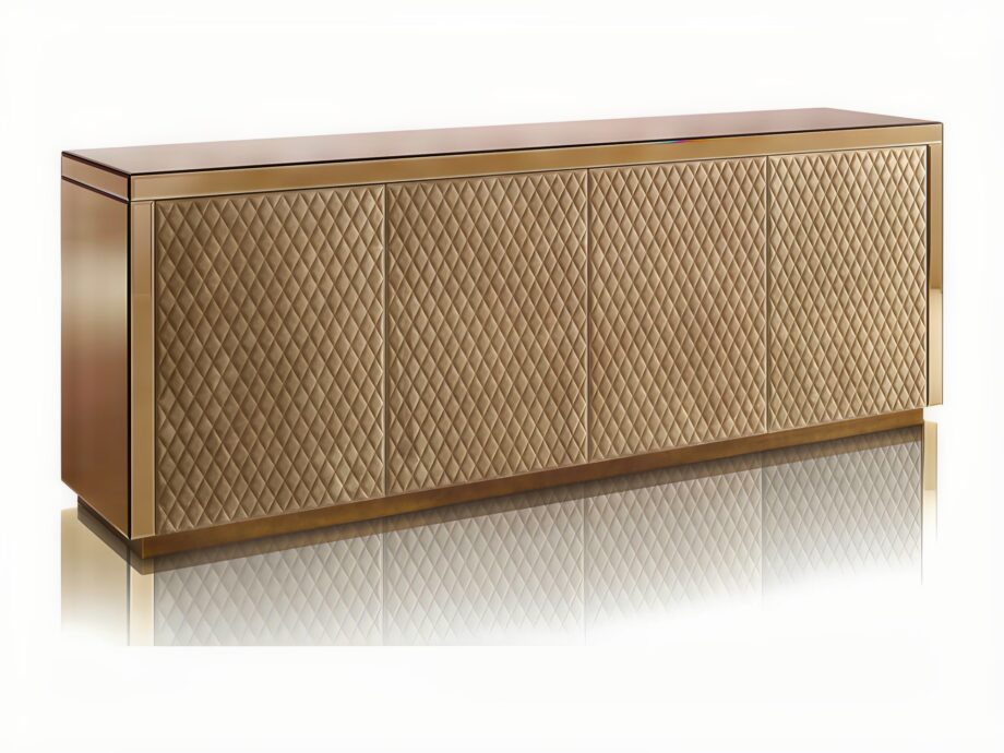 Envy sideboard | DV home. Elegant sideboard featuring geometric mirrored or luxurious leather pattern, internal drawers, and a polished stainless steel base.