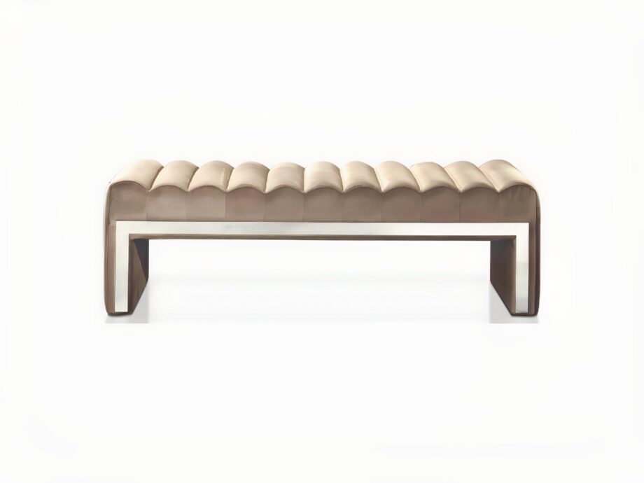 Envy indoor benche | DV home. Luxurious upholstered bench with chrome details and integrated storage.