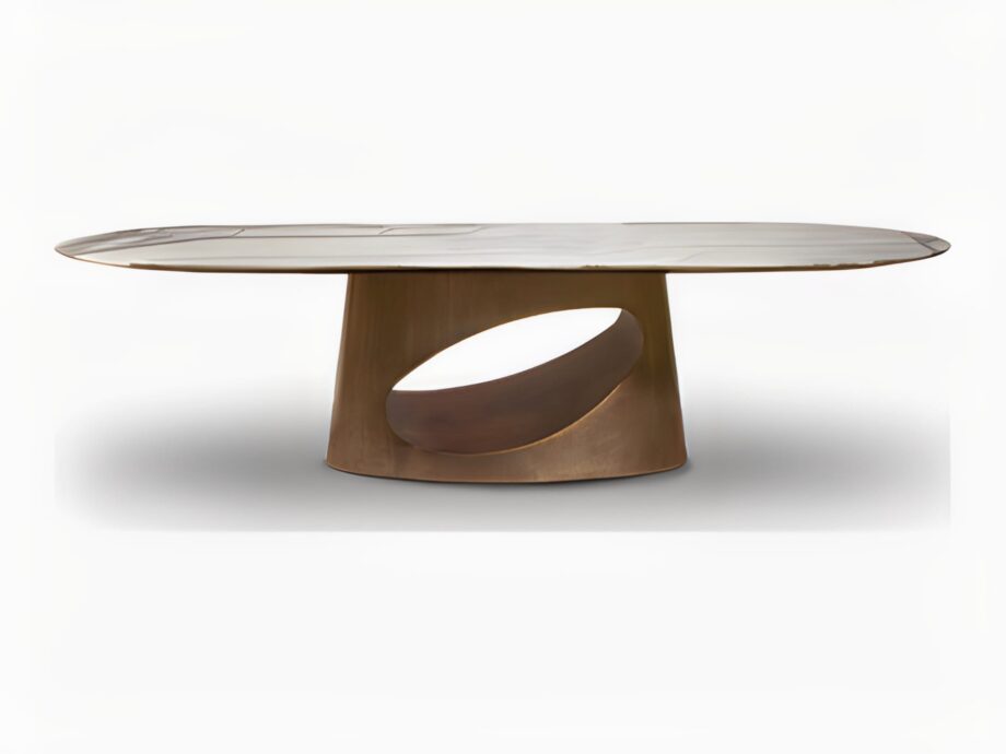 Ring table | Rugiano. Exquisite table with an oval marble top and a unique sculptural bronze base.