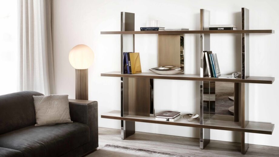 Asia bookcase | Rugiano. Modular high-end bookcase with luxurious upholstered structure and exquisite leather shelves, ideal for refined interiors.