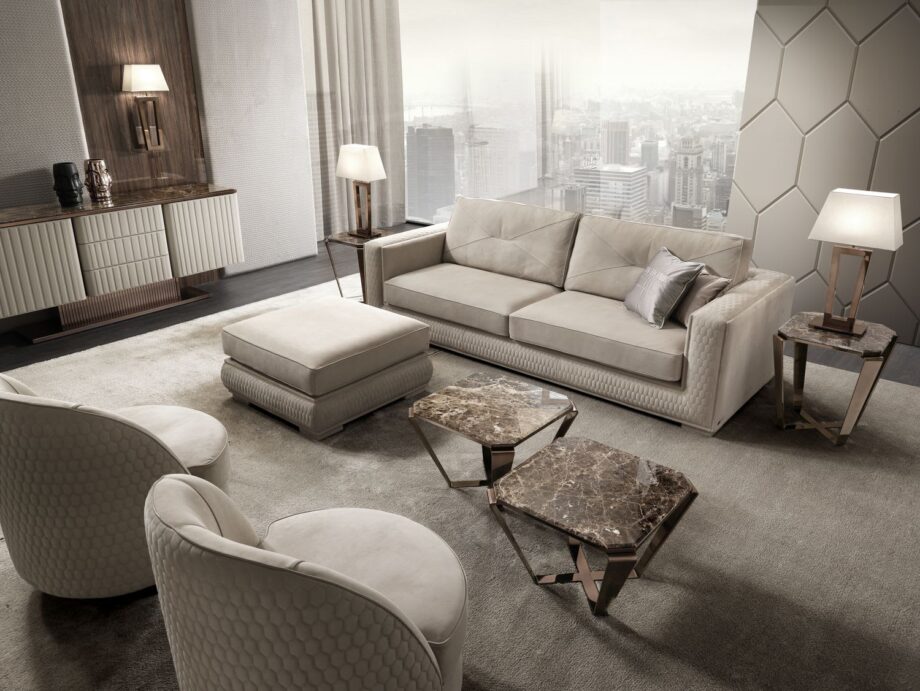 Master pouf | DV home. Exquisite Art Deco pouf with unique hexagonal quilting, designed for luxurious interiors.