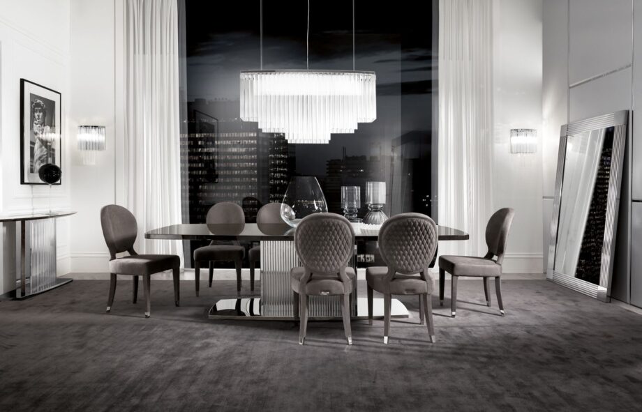 Windsor table | DV home. Luxurious Art Deco dining table with a fluted stainless steel base and exquisite marble or lacquered wood top.