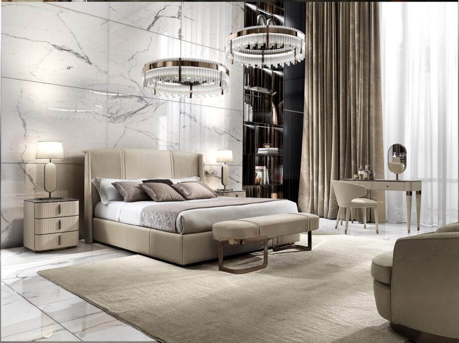 Coco bed | DV home. Luxurious bed with a high upholstered headboard, embodying Art Deco elegance and supreme comfort.