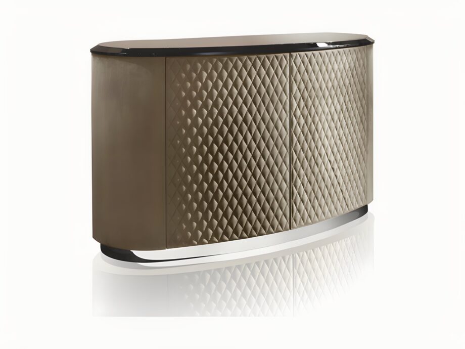 Vogue sideboard | DV home. Luxurious curved sideboard with unique quilted doors, featuring crystal shelves and a choice of exquisite marble or sleek lacquered top.