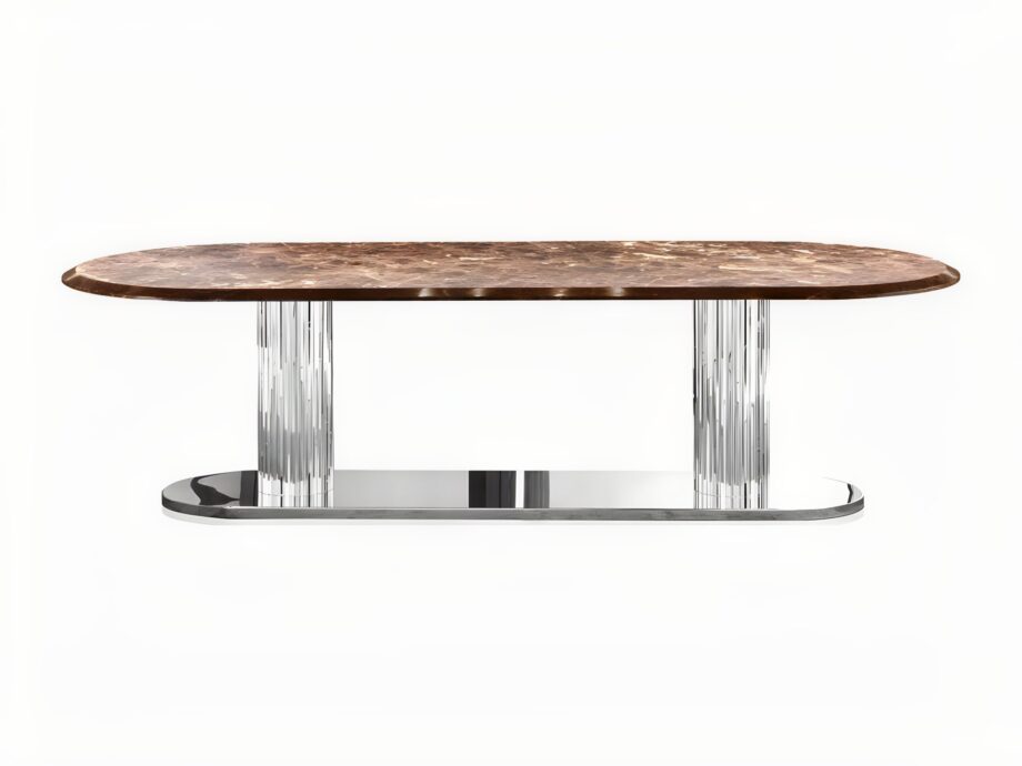 Douglas Plaza table | DV home. Luxurious oval dining table with a striking polished metal base and exquisite marble or lacquered top, handcrafted in Italy.