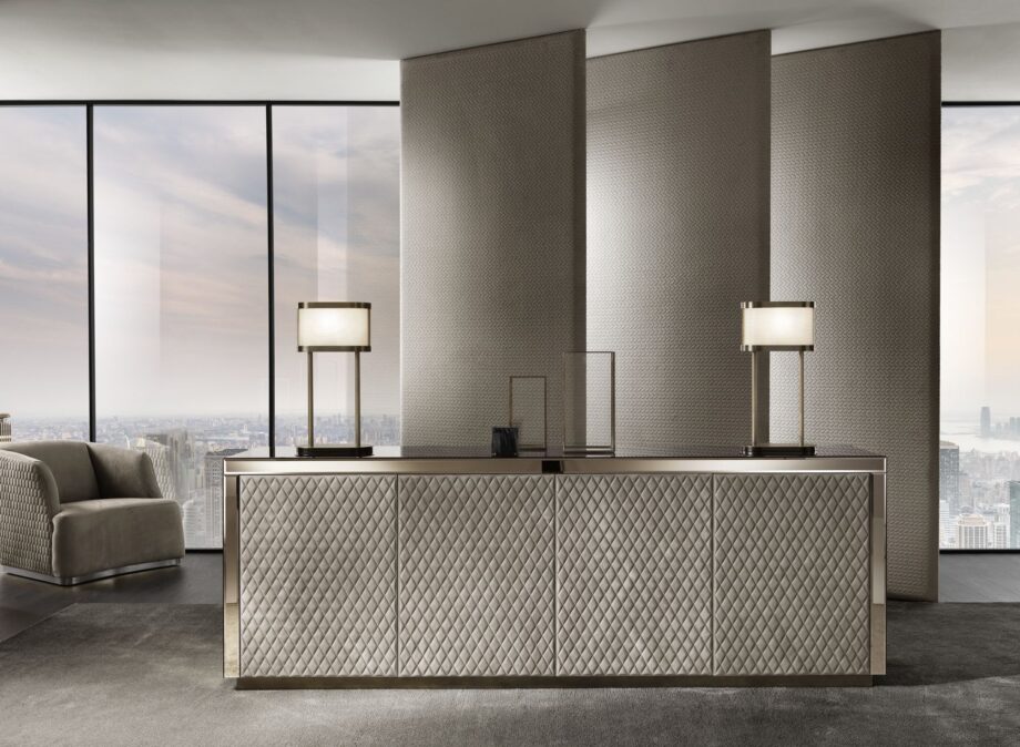 Envy sideboard | DV home. Elegant sideboard featuring geometric mirrored or luxurious leather pattern, internal drawers, and a polished stainless steel base.
