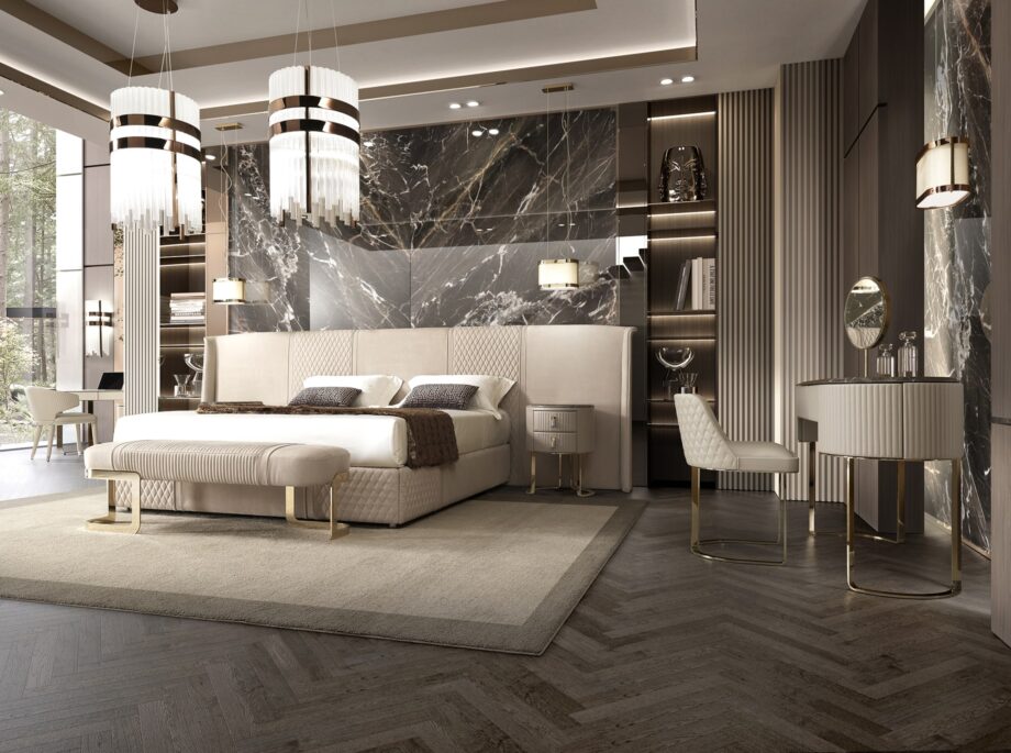 Coco Maxi bed | DV home. Luxurious bed with a high, tufted headboard, offering unparalleled comfort and sophisticated design.
