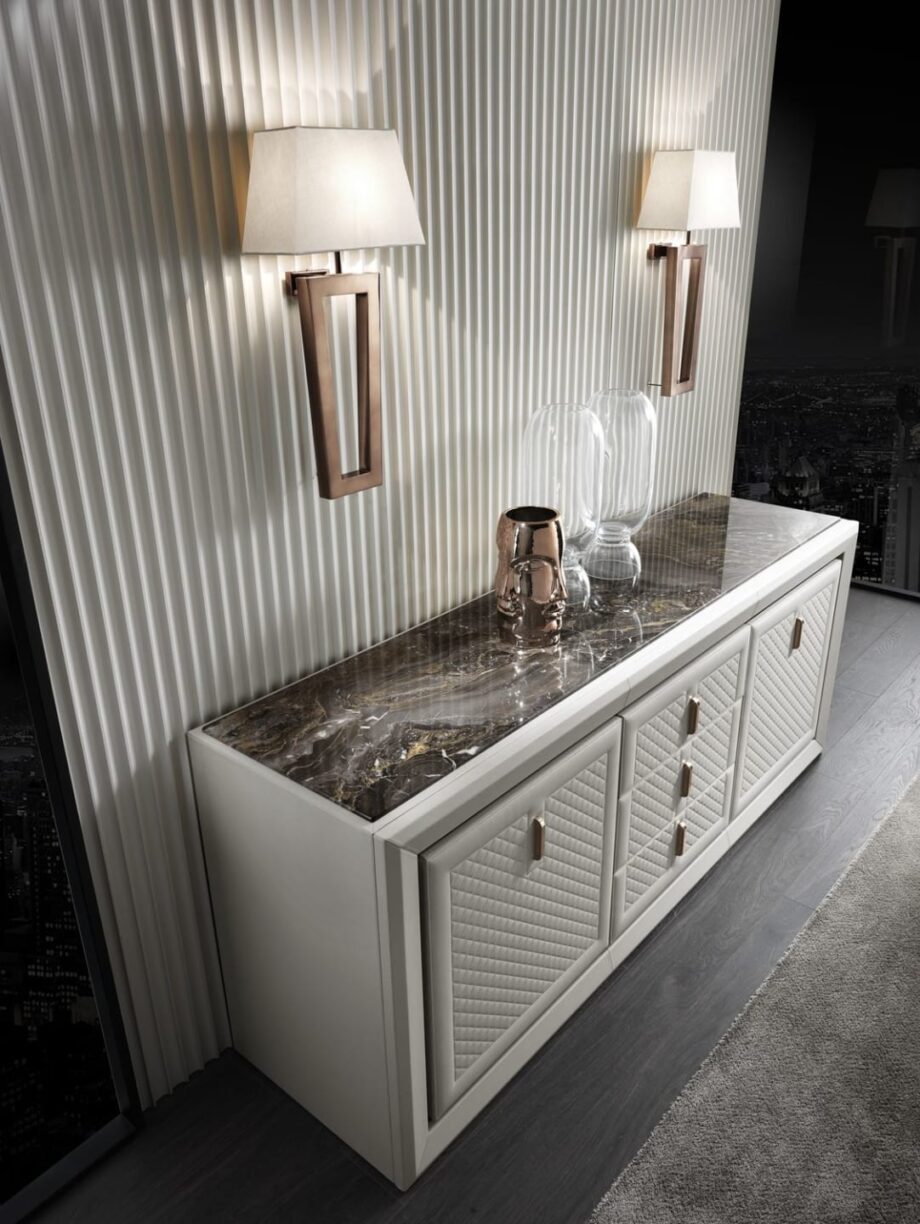 Adler Square display cabinet | DV home. Elegant buffet with marble top, quilted fronts, and metal inserts.