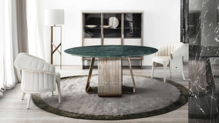 Alyson Round table | Rugiano. Elegant round dining table with a distinctive slatted base, perfect for modern interiors.