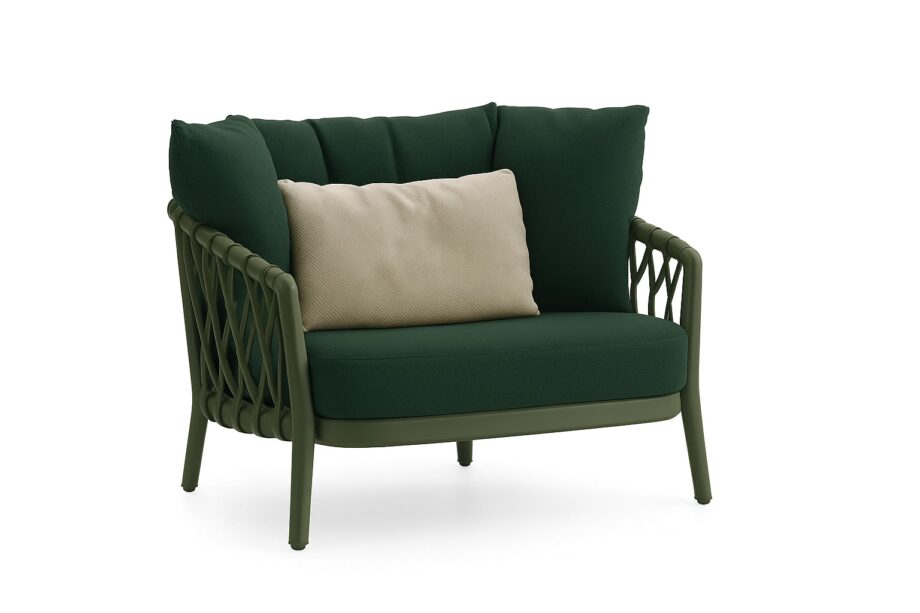 Erica outdoor armchair | B&B Italia. Light, durable outdoor armchair with ergonomic design suitable for both public and residential settings. Comfortable cushions for relaxation.