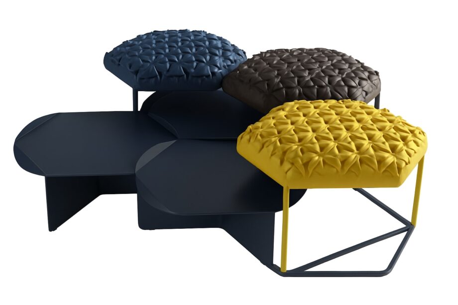 Hive pouf | B&B Italia. Creative pouf combining leather 'leaves' and metal sheets, inspired by beehive structure. Handcrafted, stylish, eco-friendly.