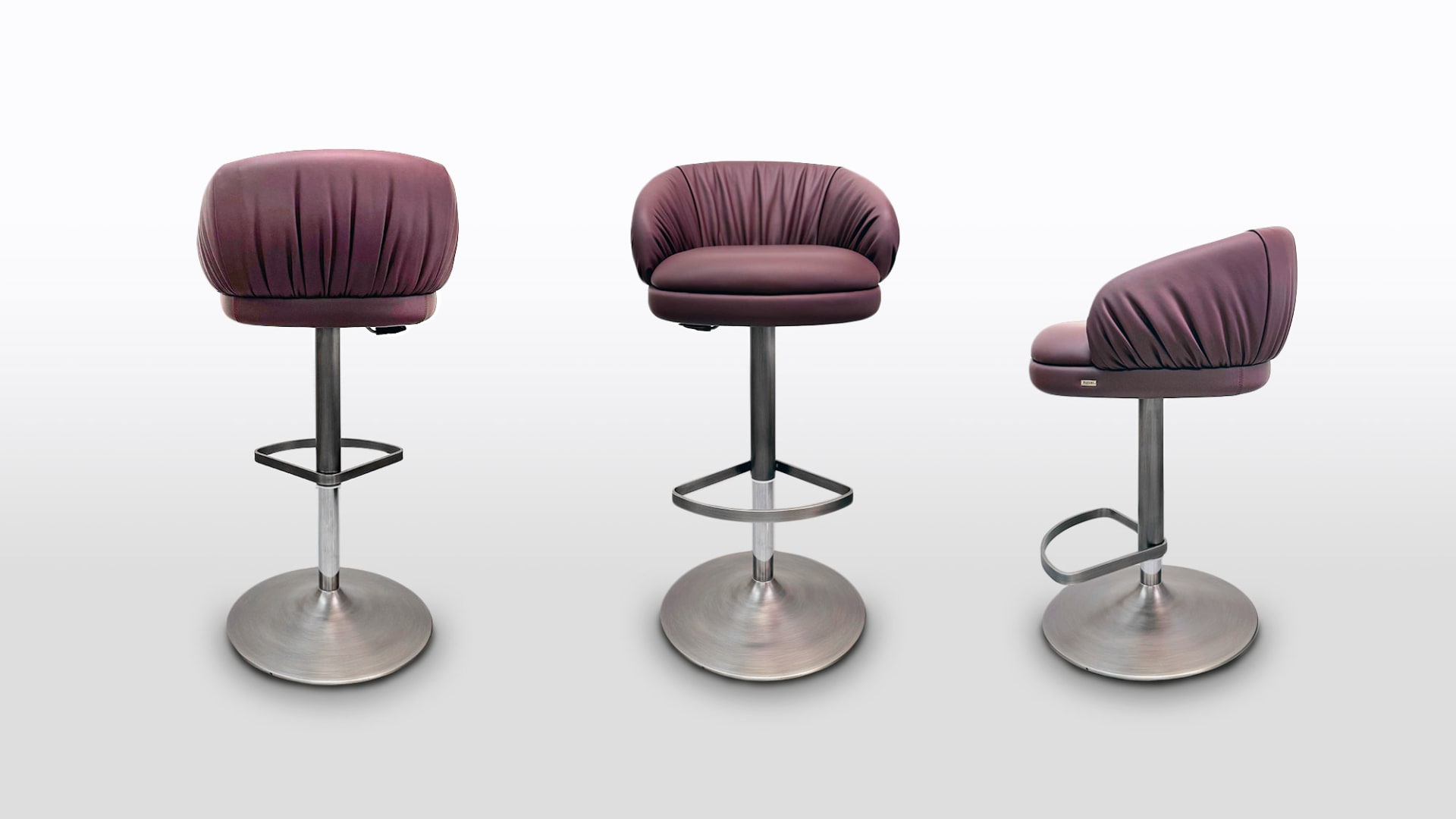 Fandango bar chair | Rugiano. Luxury Italian bar stool with pleated upholstered back, swivel, and adjustable height for modern interiors.