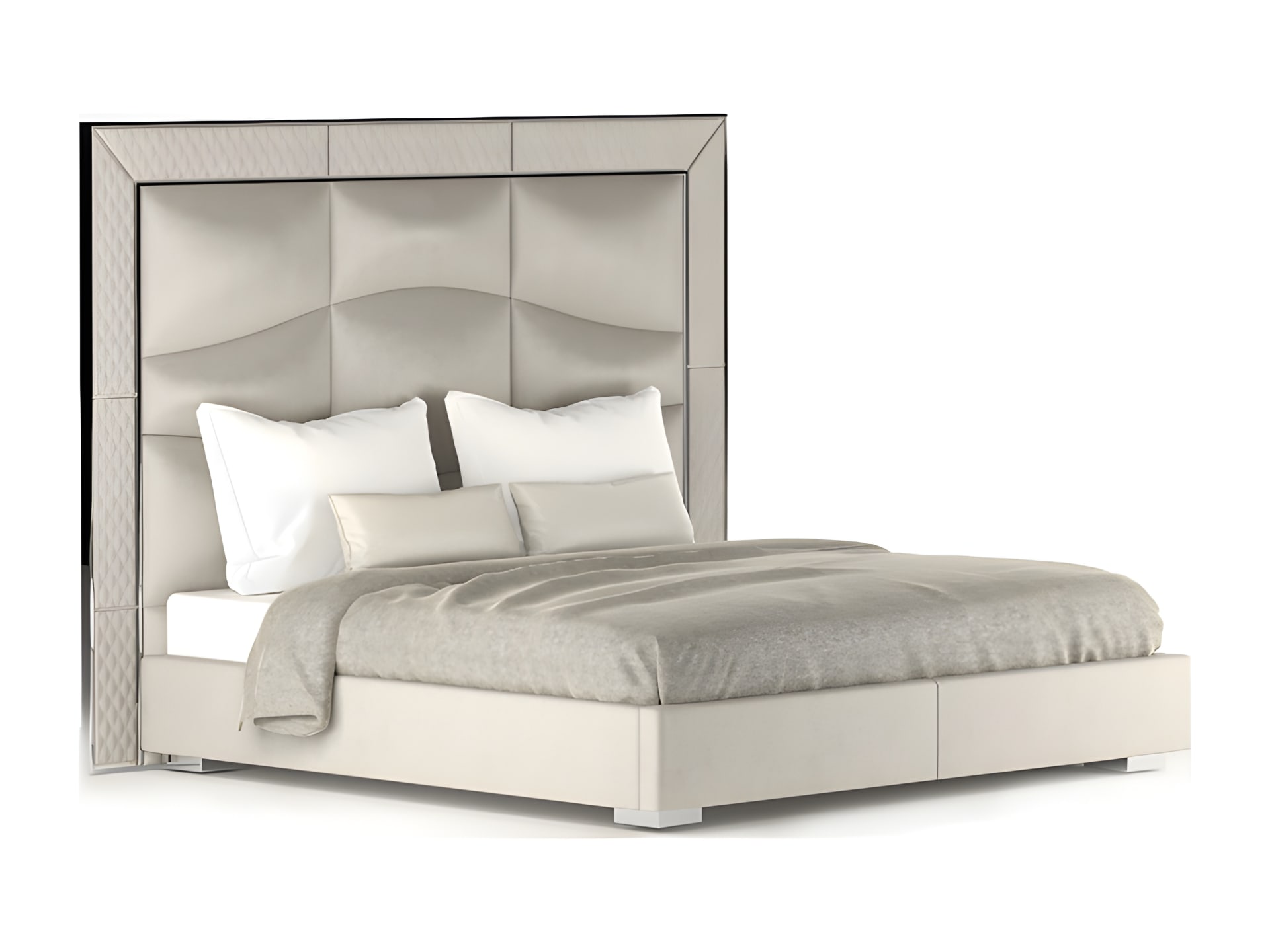 Onda bed | Rugiano. Elegant bed with a wave-patterned upholstered headboard, combining modern design and luxurious comfort.