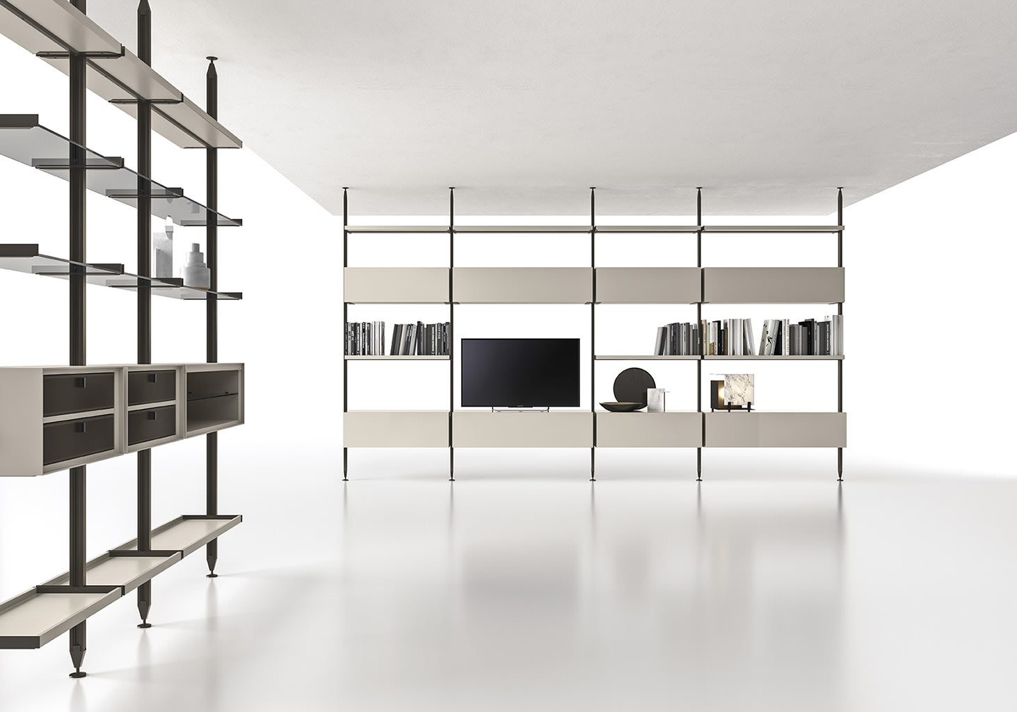 Antis bookcase | ALF Dafre. Modular living area system with adjustable elements and unique, hole-free aluminum uprights for versatile configuration.