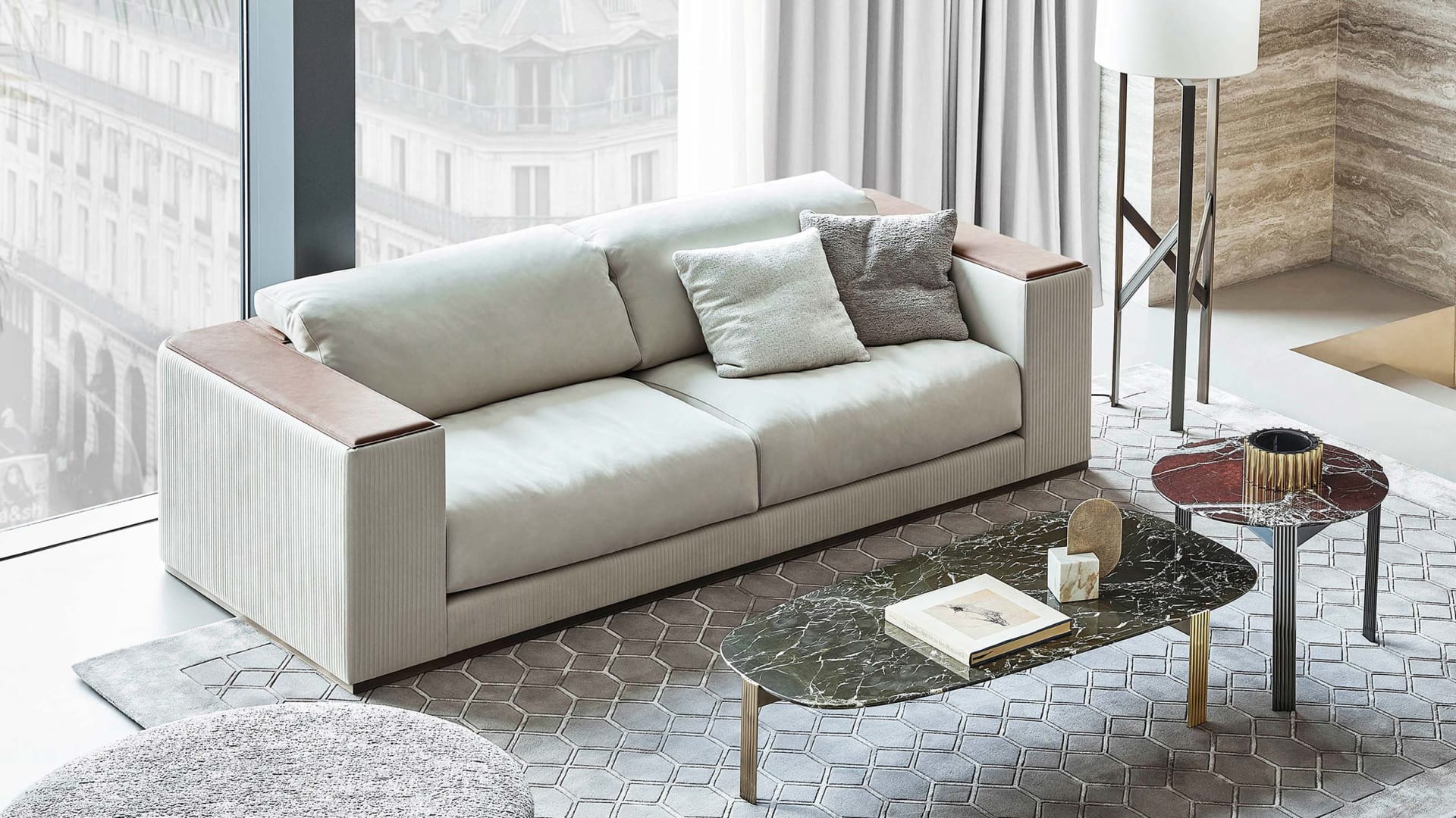 Vogue sofa | Rugiano. Modular upholstered sofa featuring exquisite saddle leather or nubuck details and refined stitching, offering versatile configurations.