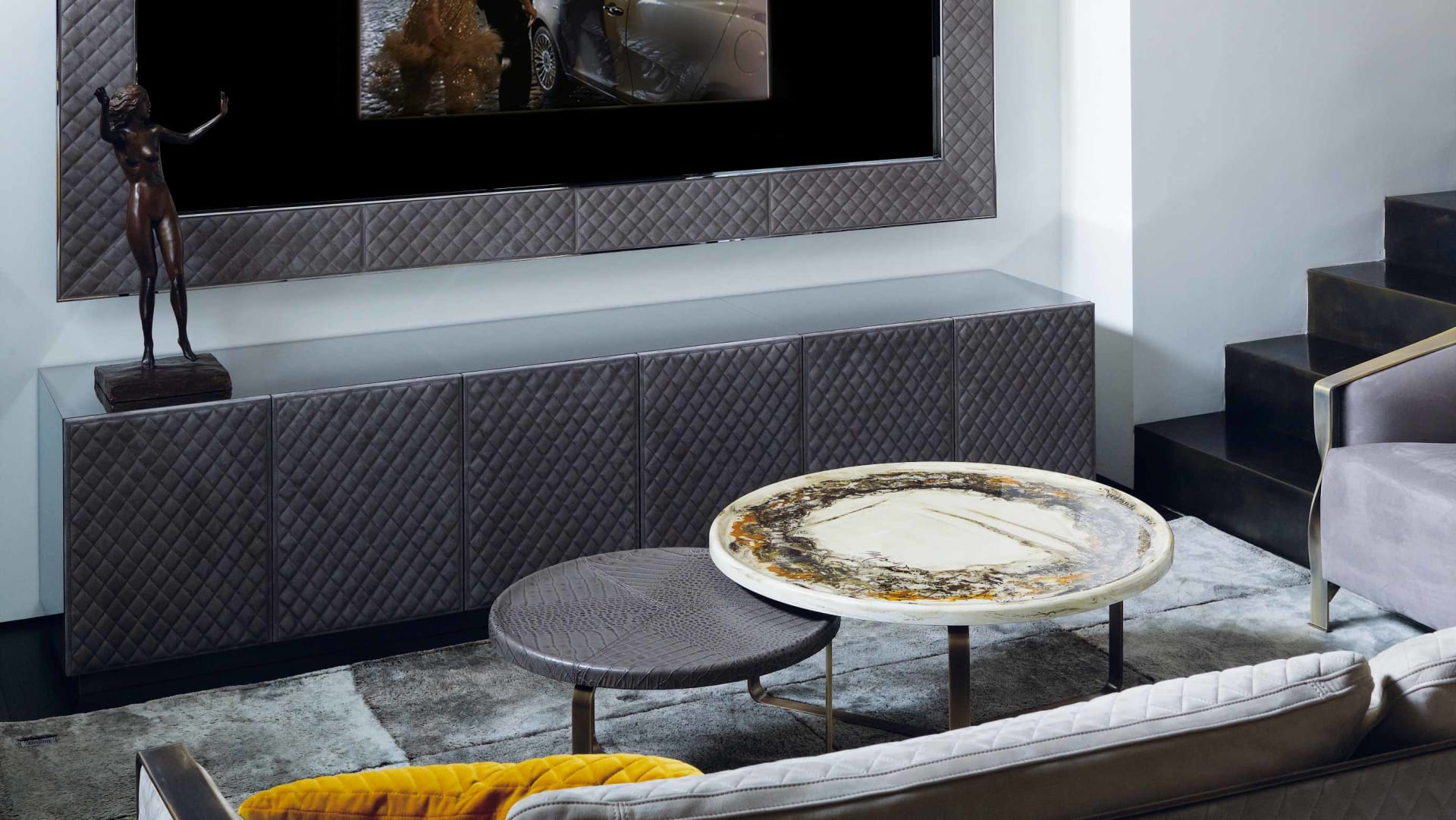 Sidney tv furniture | Rugiano. Exquisite TV cabinet with a geometric pattern, blending Art Deco style with modern functionality.