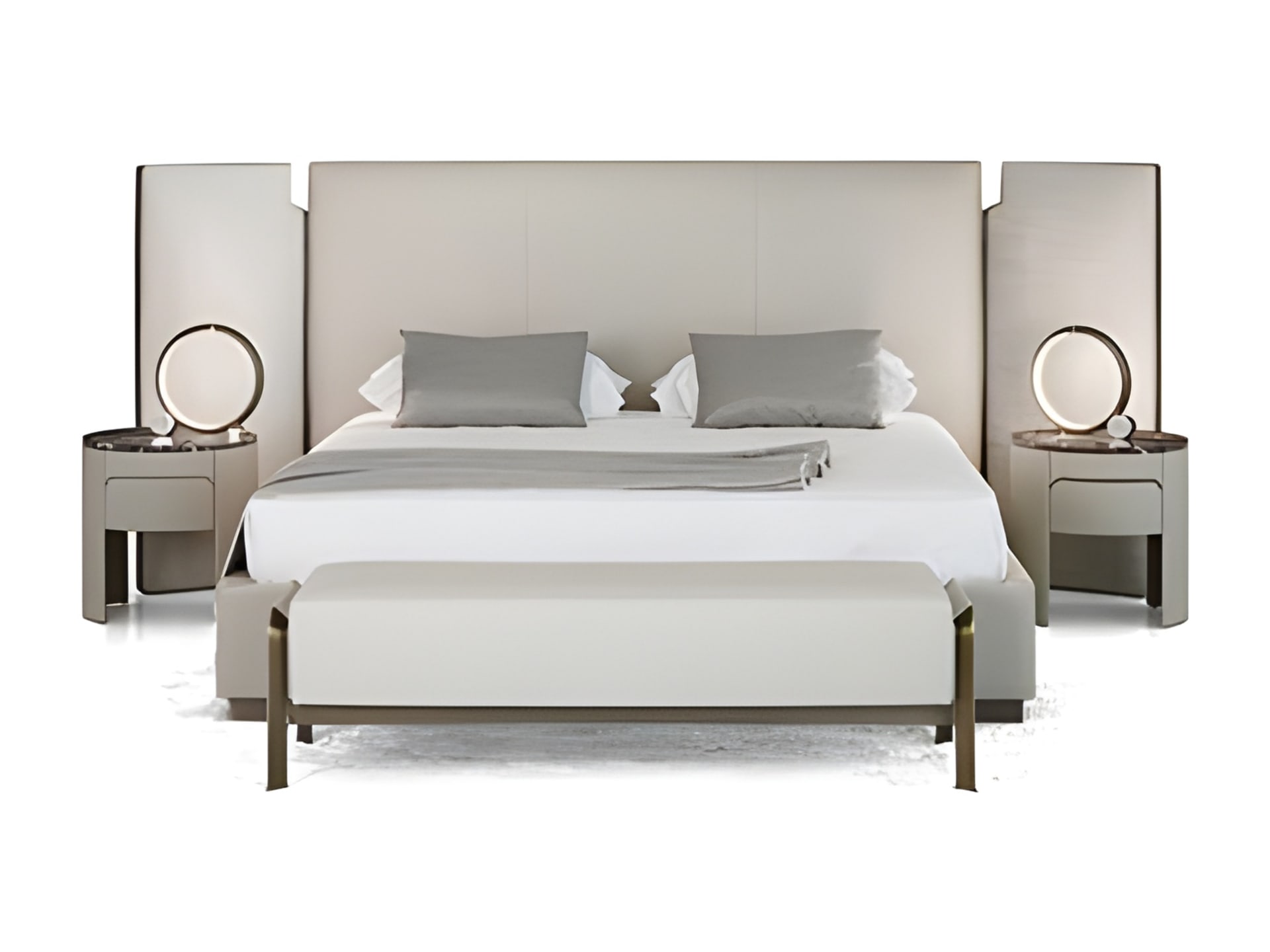 Falcon bed | Rugiano. Sculptural bed with integrated side wings and refined bronze detail, offering customizable luxury and deep comfort.