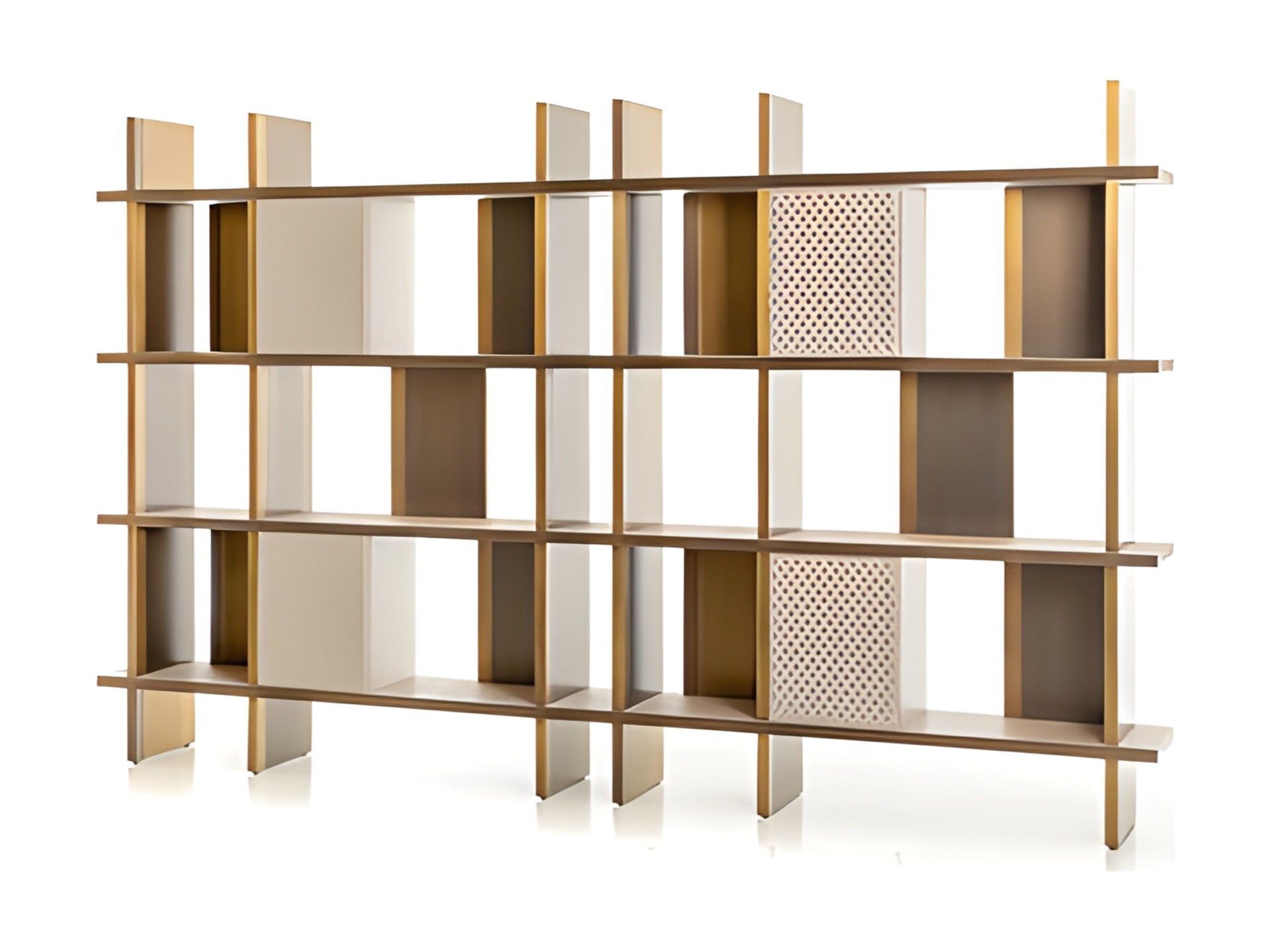 Asia High Box bookcase | Rugiano. A luxurious modular bookshelf with metal structure, leather-upholstered shelves, and optional integrated compartments.