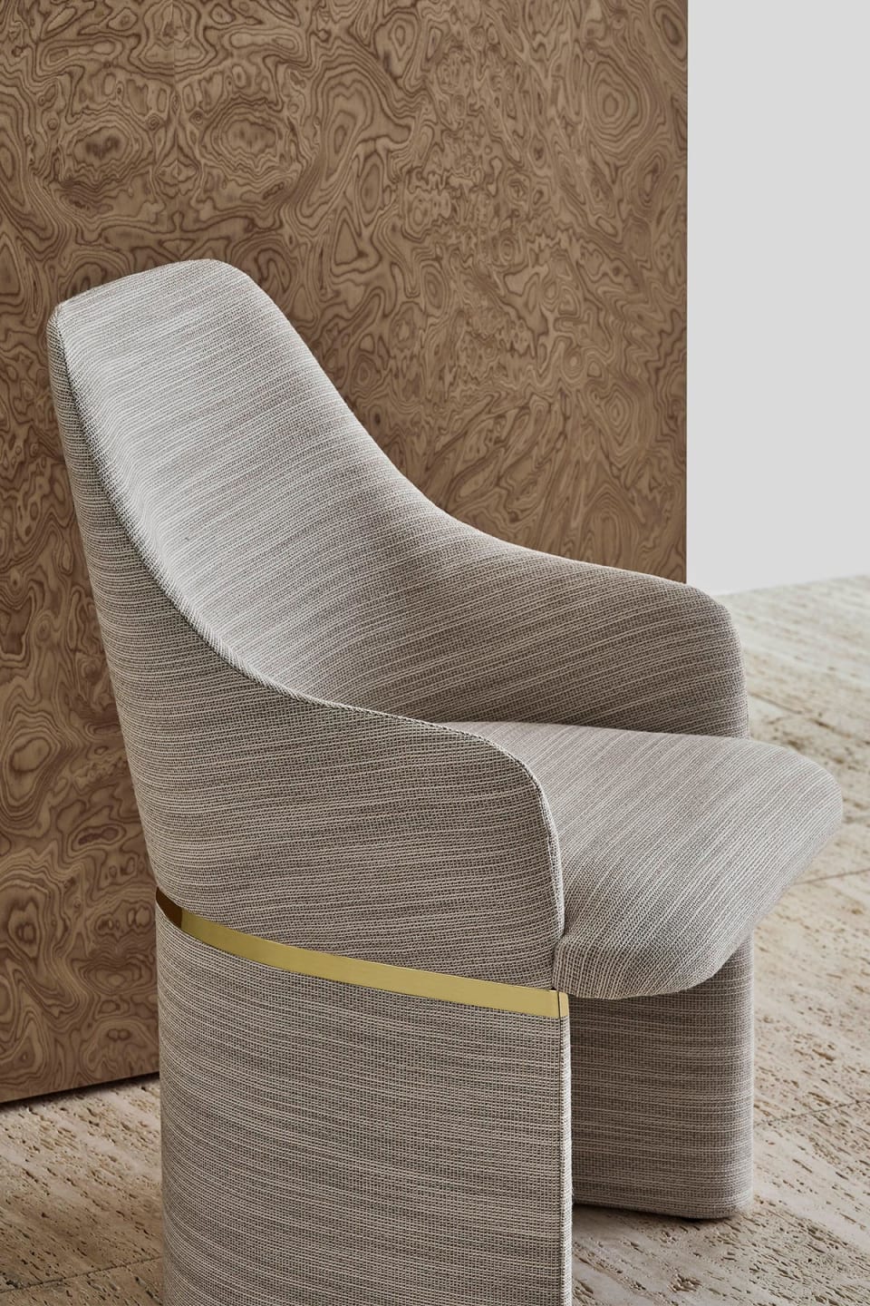 Giorgia chair | Rugiano. A contemporary dining chair featuring a unique single-shell design, upholstered in premium leather or fabric with elegant metal accents.